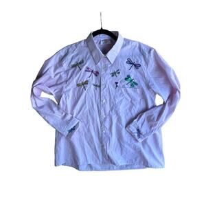 Vintage Tia's Pink Embroidered Dragonfly Blouse Button Up Striped Size Large